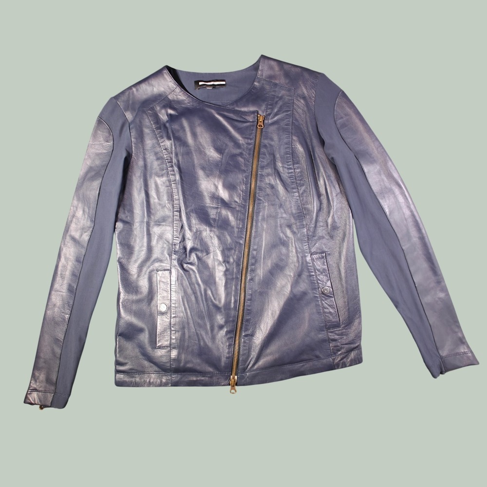 Anatomie Navy Blue Leather Asymmetrical Zip Jacket Mesh Panel Womens Large L